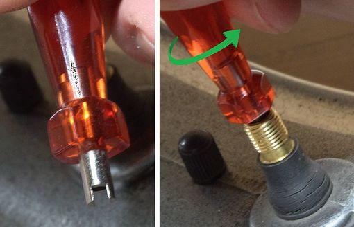 バルブコアを外してタイヤから空気を抜く