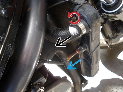 ラジエーター右側のホース、コネクタ